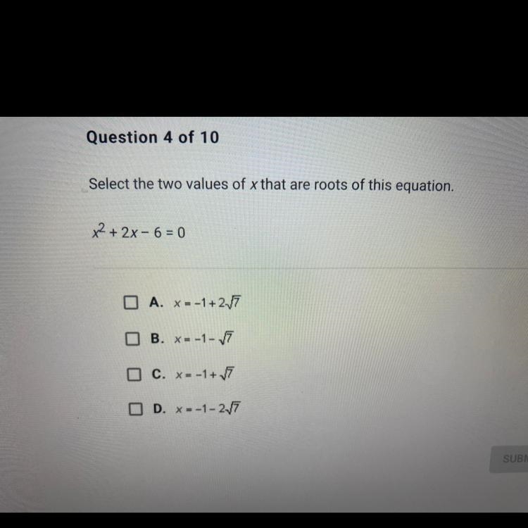 Select the two values of x that are roots of this equation-example-1