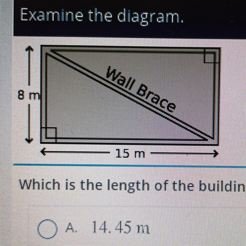 Which is the length of the building's wall brace? A. 14.45 m B. 17 m C. 23 m D. 49 m-example-1