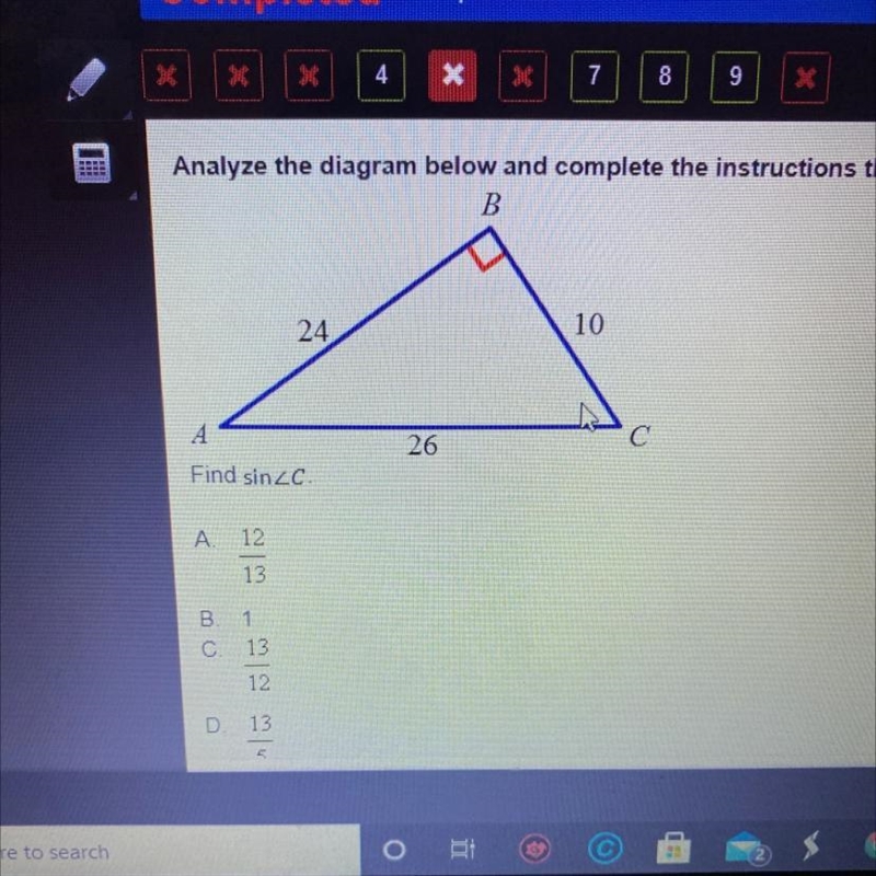 Find sin A.12/13 B.1 C.13/12 D.13/5-example-1