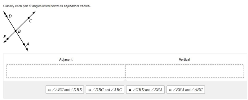 Classify each pair of angles listed below as adjacent or vertical.-example-1