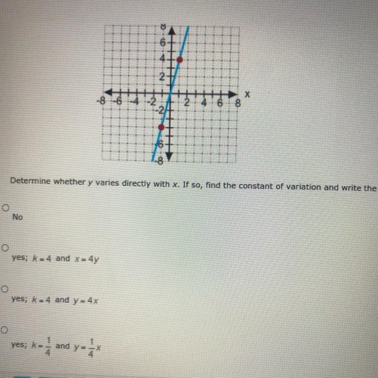 ~PLEASS HELP FAST~ Determine weather y varies directly with x. If so, find the constant-example-1