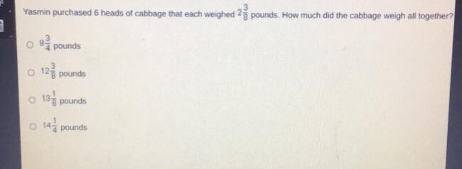 Yasmin purchase 6 heads of cabbage that each 2 3/8 pounds. How much did the cabbage-example-1