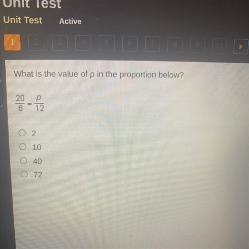 П What is the value of p in the proportion below? 20 Б 20 р 12 2 10 Оооо 40 72-example-1