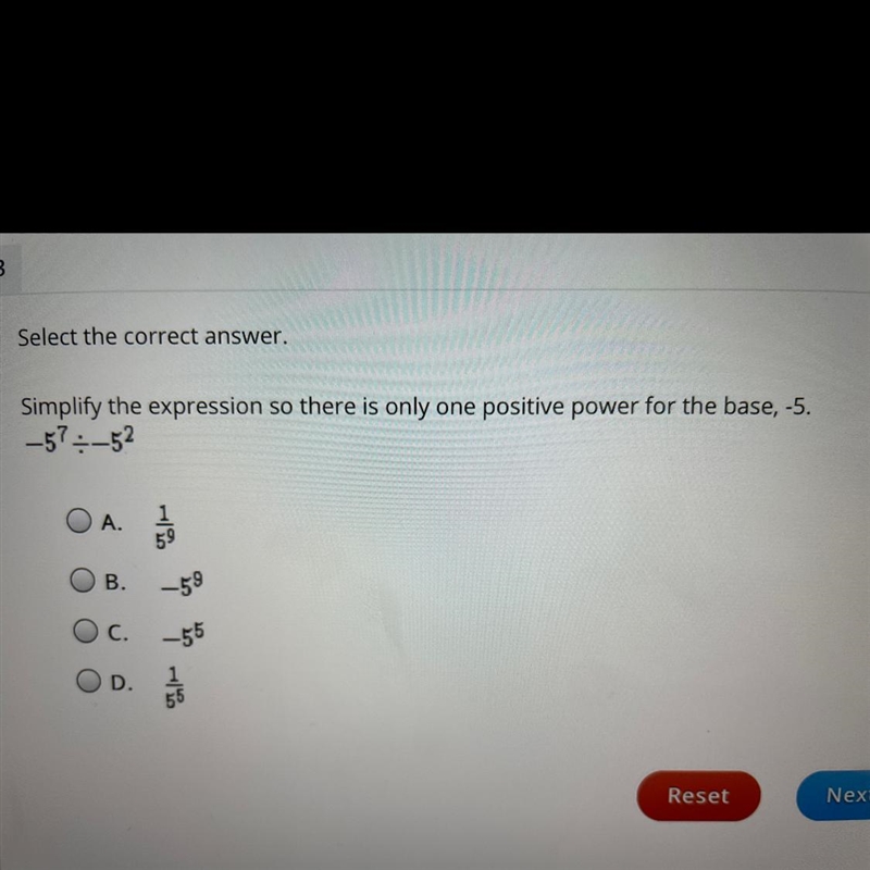 Simplify the expression so there’s only one positive power for the base, -5.-example-1