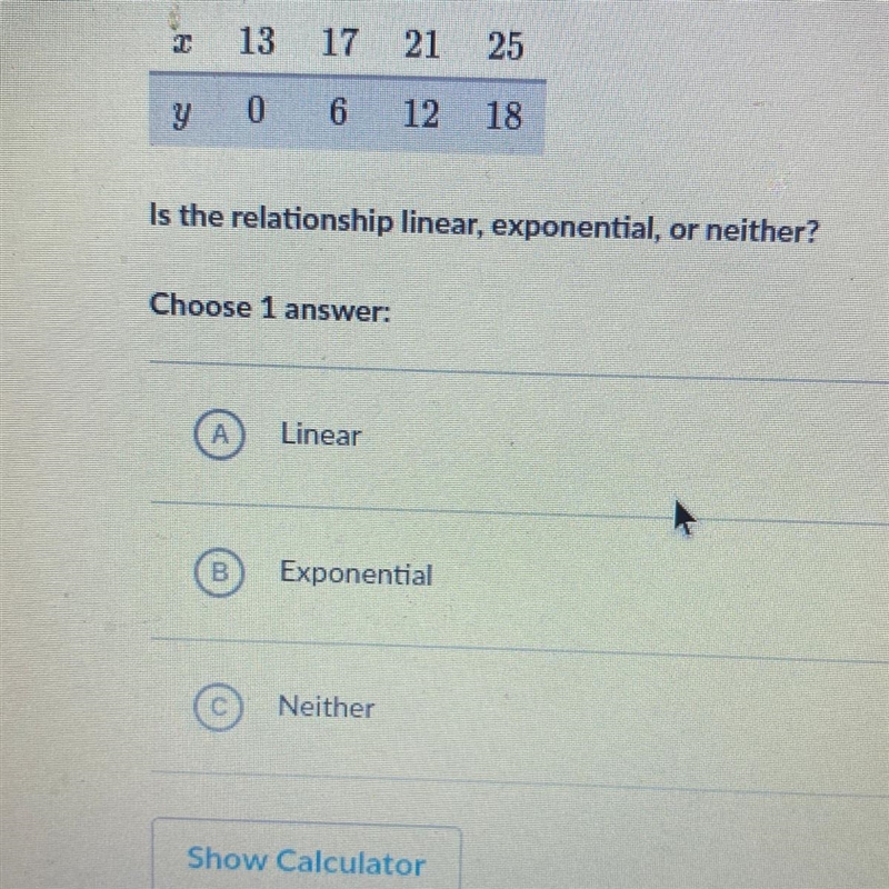 Is the relationship linear, exponential, or neither ?-example-1