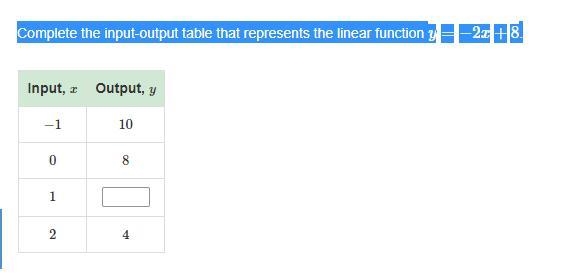 Complete the input-output table that represents the linear function y=−2x+8.-example-1