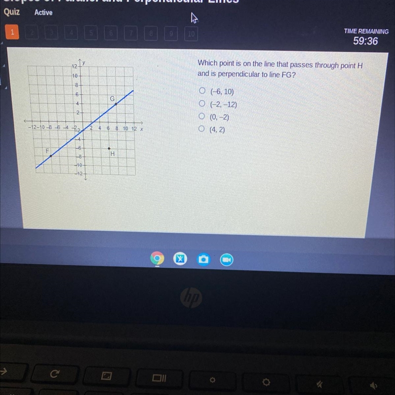 Which point is on the line that passes through point H and is perpendicular to line-example-1