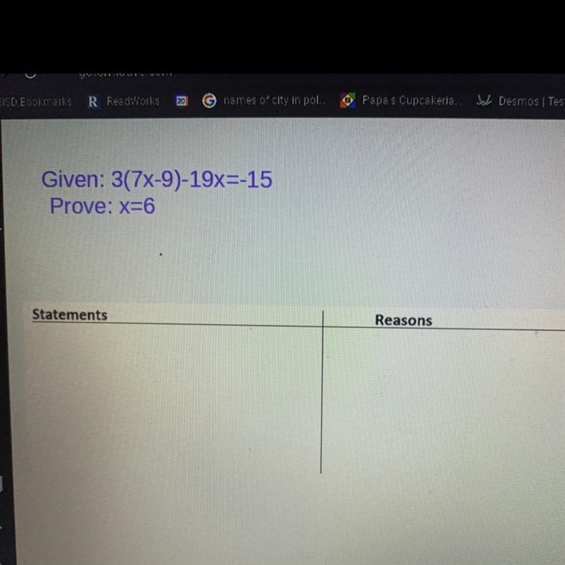 Given: 3(7x-9)-19x=-15 Prove: x=6-example-1