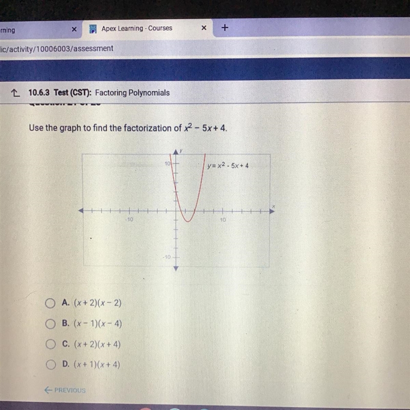 Use the graph to find the factorization of x2 - 5x + 4. 10 y = x2.5x + 4 -10 10 10 O-example-1