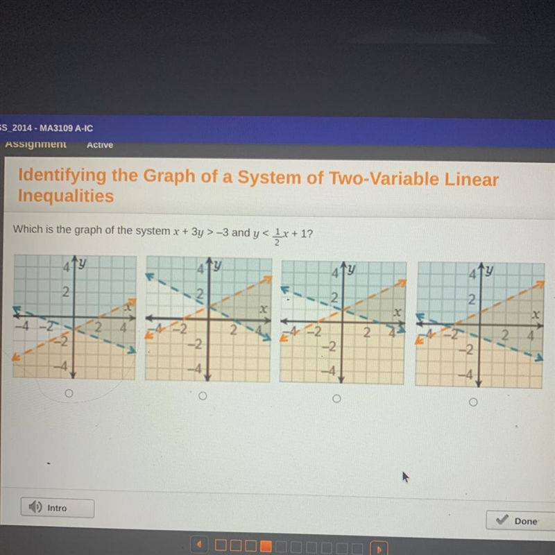 Which is the graph of the system x + 3y > -3 and y < 1/2x + 1-example-1