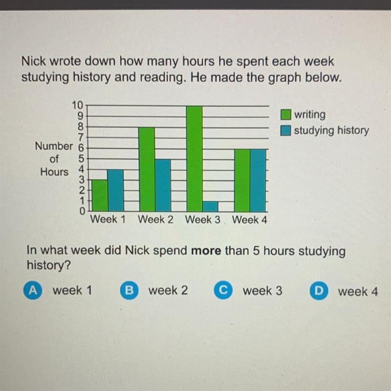 In what week did Nick spend more then 5 hours studying history?-example-1