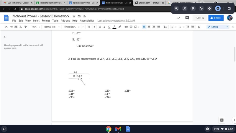 Find the measurements of ∠A, ∠B, ∠C, ∠E, ∠F, ∠G, and ∠H. 66°=∠D ∠A= ∠E= ∠H= ∠B= ∠F-example-1