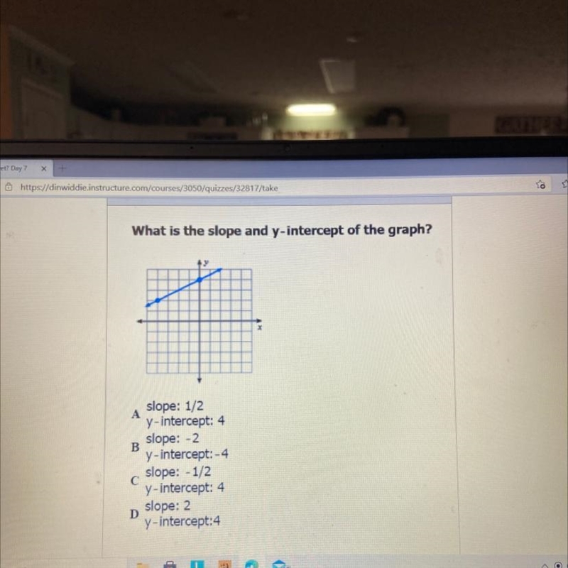 What is the slope and y-intercept of the graph? slope: 1/2 A y-intercept: 4 slope-example-1