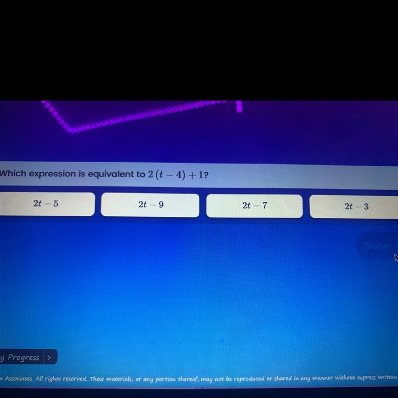 Help Which expression is equivalent to 2 (t - 4) +12-example-1