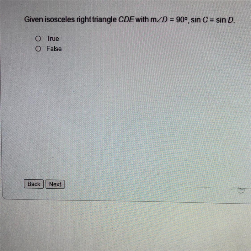 Given isosceles right triangle CDE with m∠D = 90, sin C = sin D-example-1