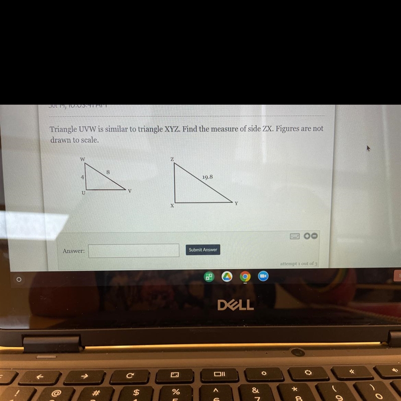 Triangle UVW is similar to triangle XYZ. Find the measure of side ZX. Figures are-example-1