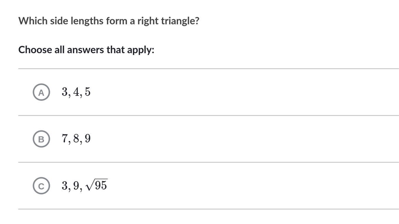 Which side lengths form a right triangle?-example-1