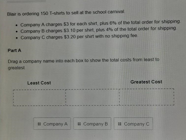 Drag a company name into each box to show the total cost from least to greatest.​-example-1