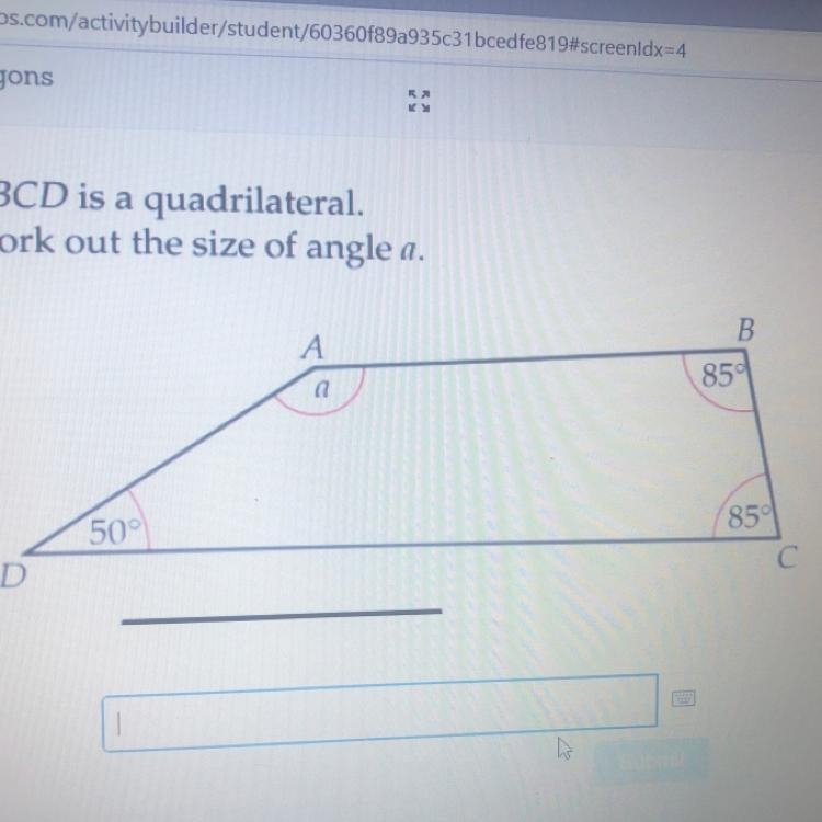 ABCD is a quadrilateral. Work out the size of angle a.-example-1