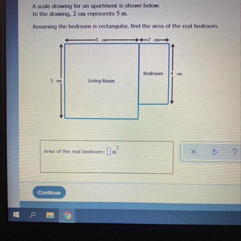 A scale drawing for an apartment shown below in the drawing is 2 cm represent 5m-example-1