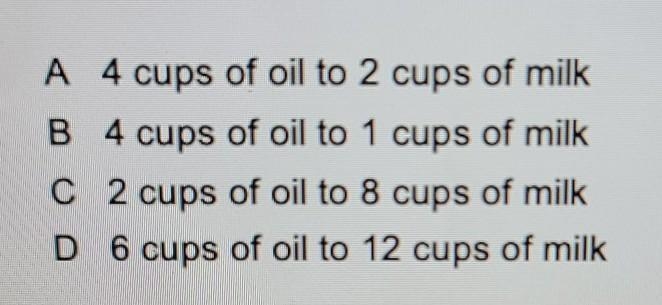 6. Alyssa is making a recipe that requires 2 cup of oil and 4 cups of milk. Which-example-1