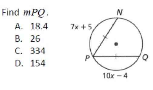 FInd mPQ Geometry question, circles, arc length, chord length,-example-1