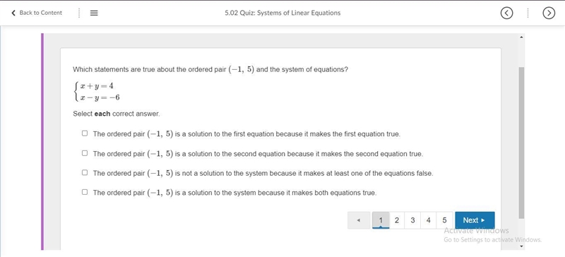 Which statements are true about the ordered pair (−1, 5) and the system of equations-example-1