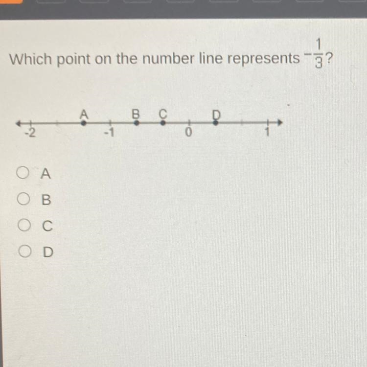 Which point on the number line represents -1/3? A В С D-example-1