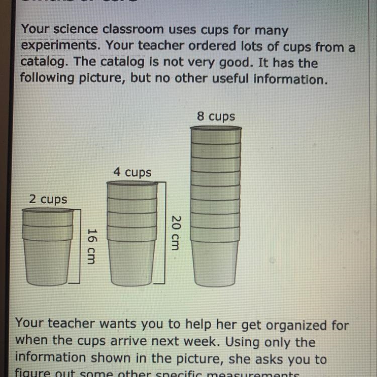 How tall, in cm, is the stack of 8 cups?-example-1