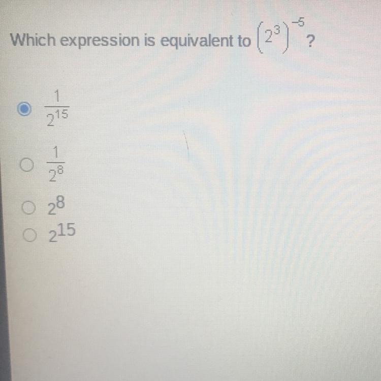 Which expression is equivalent to (2^3)^-5-example-1