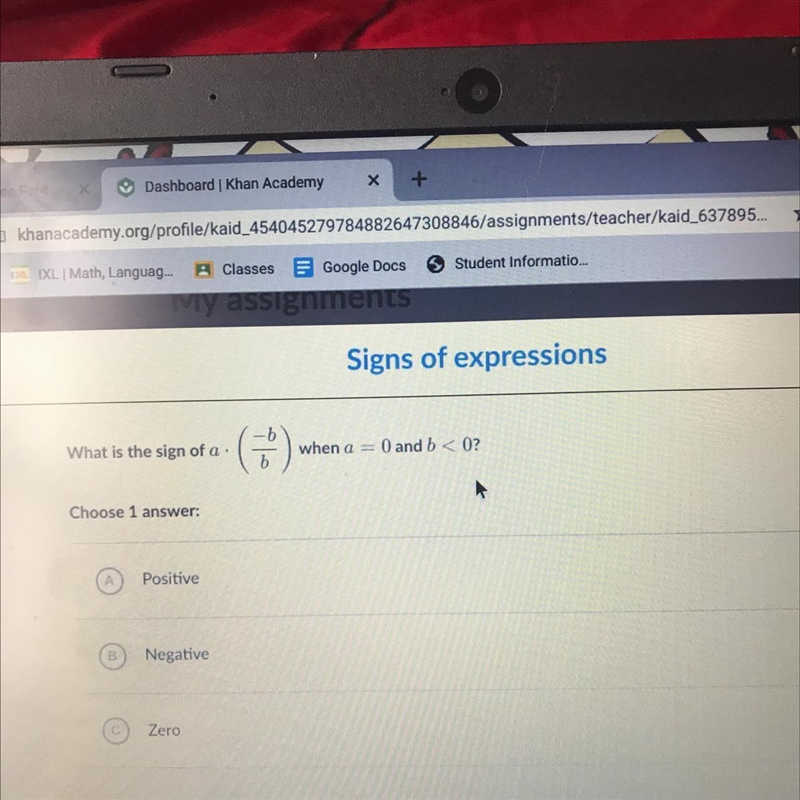 I need help what is the sign of a. -b/b when a= 0 and b <0-example-1