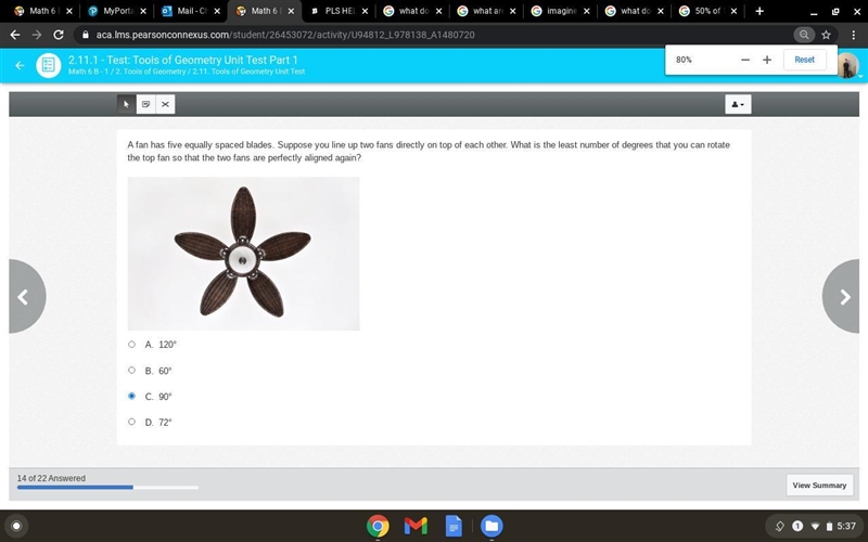 A fan has five equally spaced blades. Suppose you line up two fans directly on top-example-1