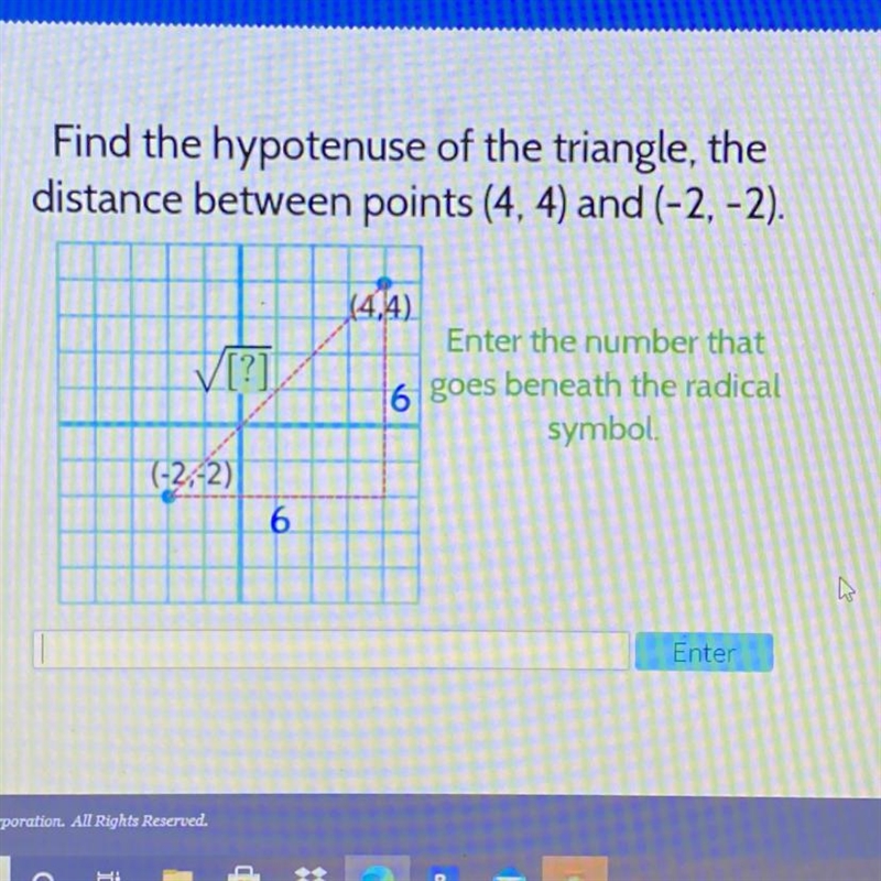 Help please Find the hypotenuse of the triangle, the distance between points (4, 4) and-example-1