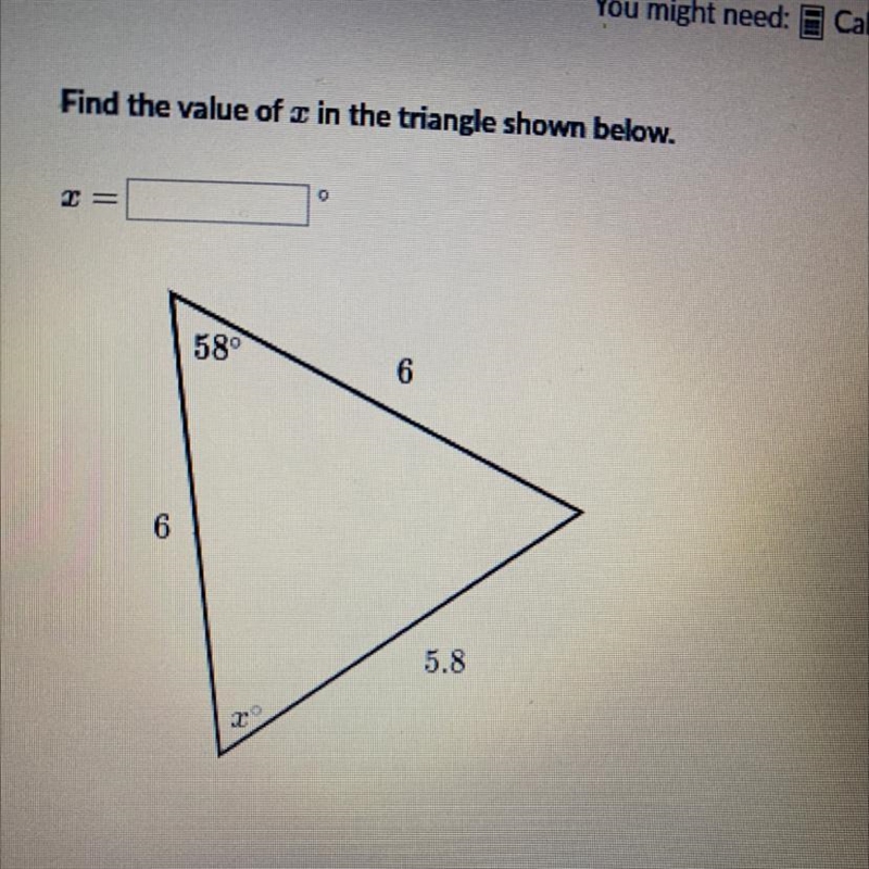 Find the value of x in the triangle shown below.-example-1