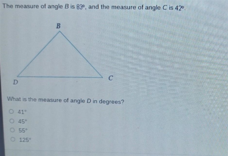 The measure of angle B is 83º, and the measure of angle C is 42°. C What is the measure-example-1