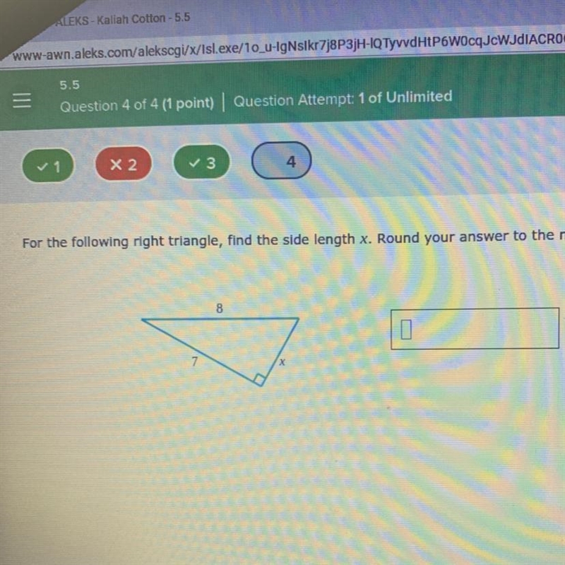 For the following right triangle, find the side length X. Round your answer to the-example-1