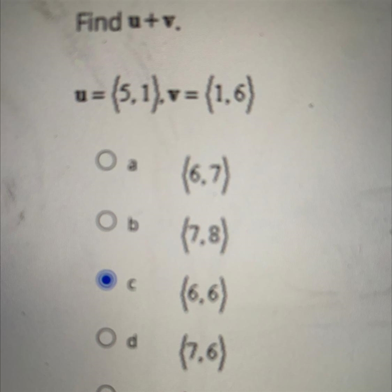 Find u+v. u= (5,1),v = (1,6)-example-1