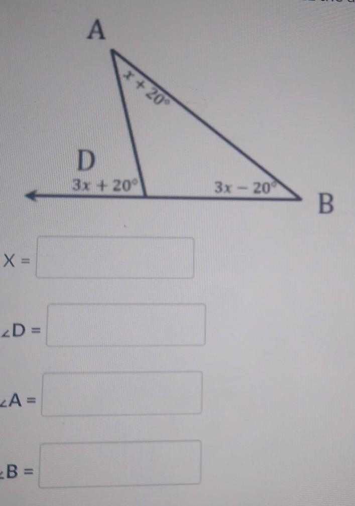 Solve for X, angle D, angle A, angle B​-example-1