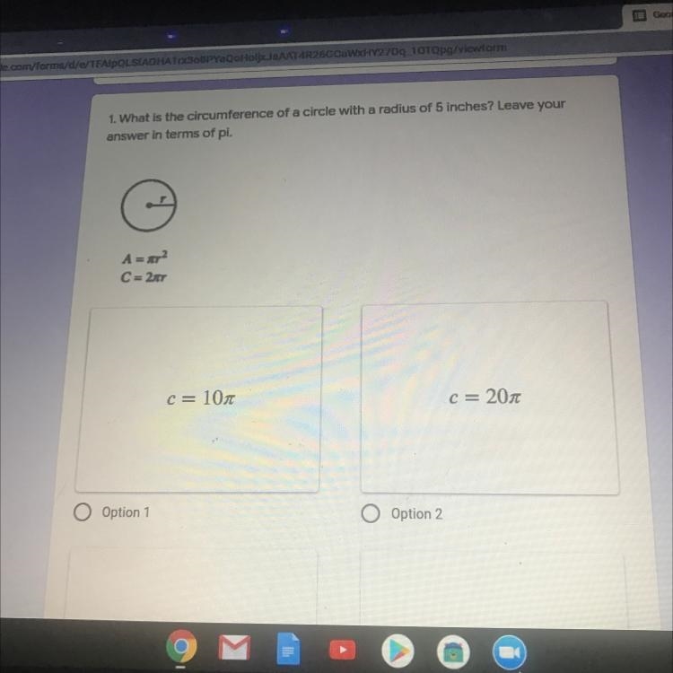 1. What is the circumference of a circle with a radius of 5 inches? Leave your answer-example-1