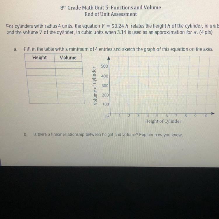 For cylinders with radius 4 units, the equation V = 50.24 h relates the height h of-example-1