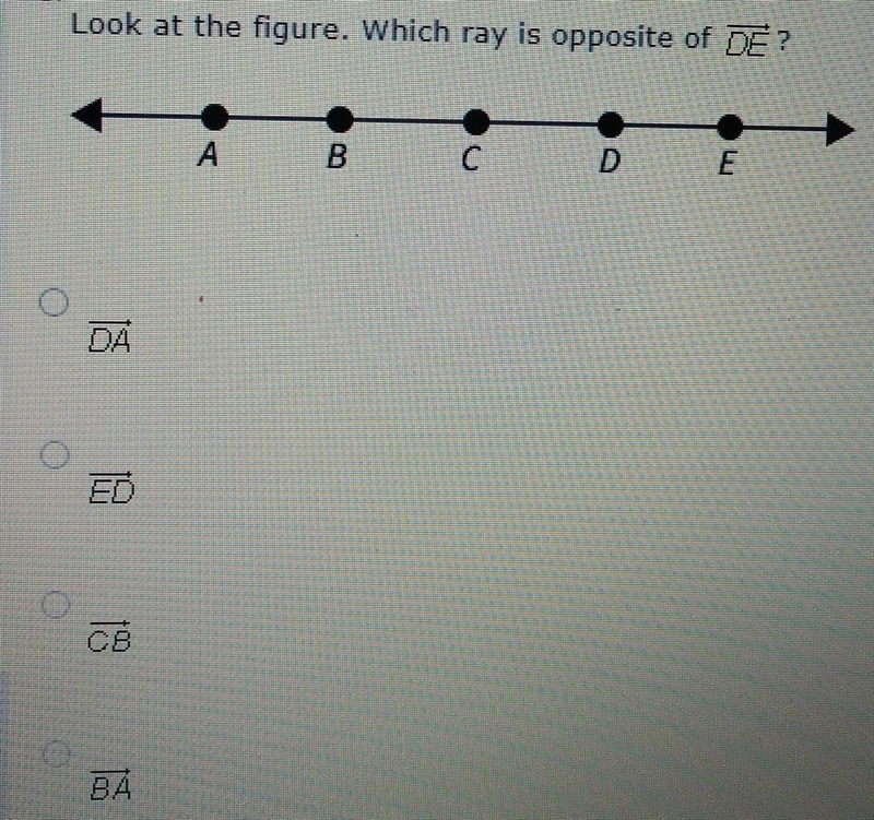 Look at the figure. Which ray is opposite of DE ? ​-example-1