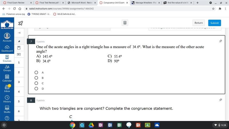 one of the acute angles in a right triangle has a measure of 34.6 degrees. What is-example-1