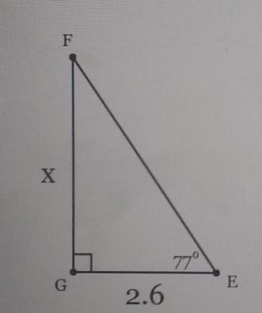 In ∆EFG, the measure of angle G=90,the measure of E=77, and GE=2.6 feet. Find the-example-1