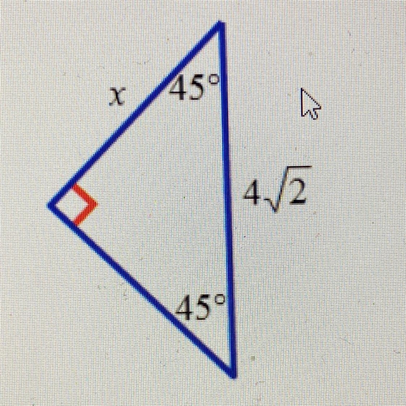 Find the value of x. A) 4 square root 2 / 2 B) 4 C) 4 square root 2 D) 4 square root-example-1