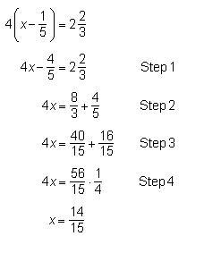 Leonardo is solving the equation 4 (x minus one-fifth) = 2 and two-thirds. His work-example-1