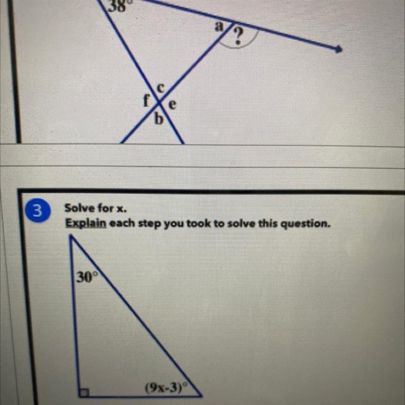 Solve for x. Explain each step you took to solve this question. 30° (9x-3)-example-1