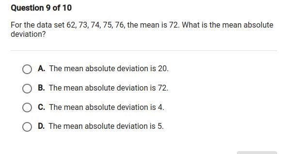 (Giving brainilest) For the data set 62, 73,74,75,76, the mean is 72. what is the-example-1