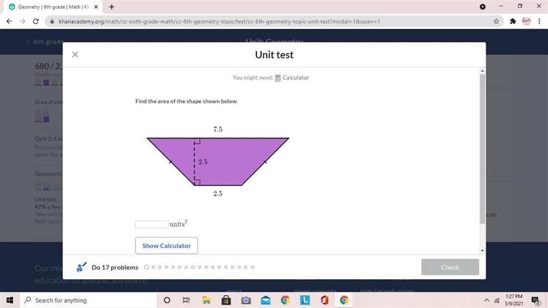 Find the area of the shape shown below.-example-1