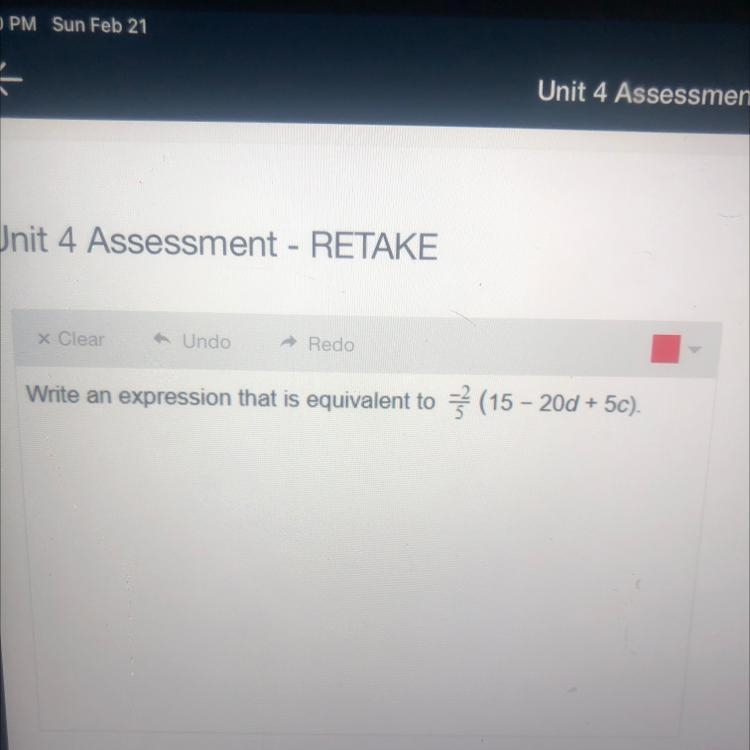 Write an expression that is equivalent to -2/5(15 - 20d +50) Explain please!:)-example-1