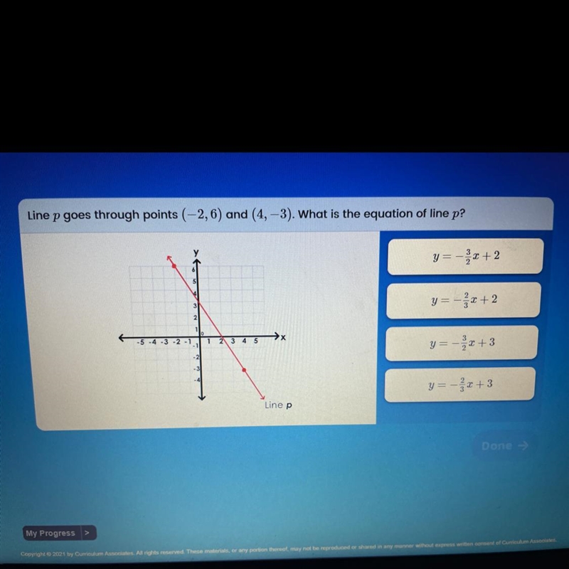 Line p goes through points (-2,6) and (4, -3). What is the equation of line p?-example-1